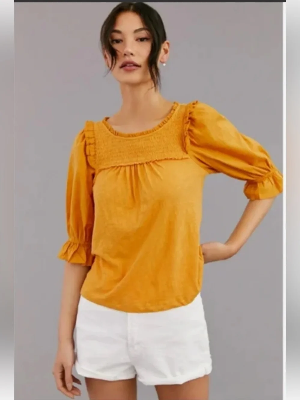 Anthropologie Mustard Smocked Ruffle Peasant Top Size S